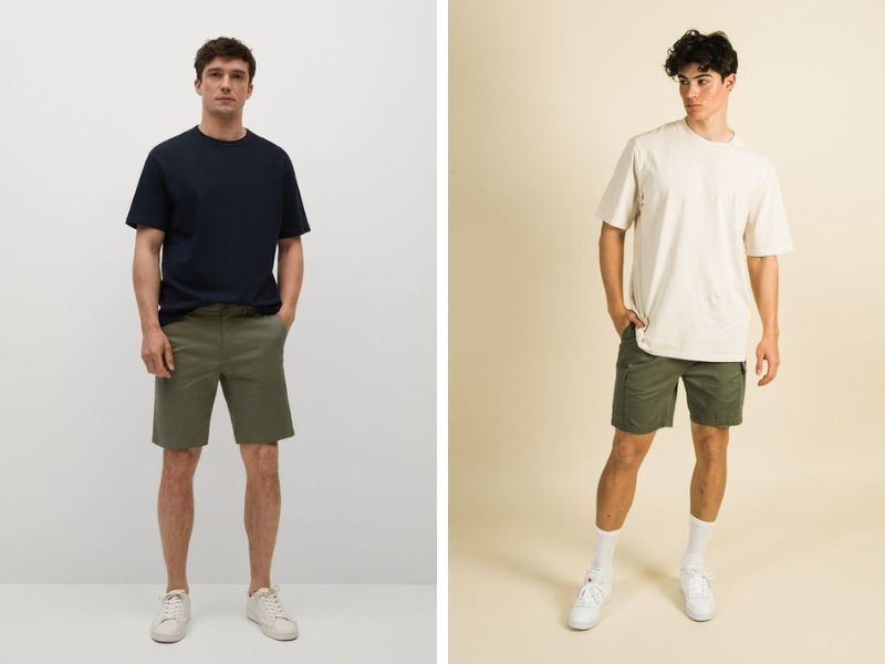 Người mẫu nam mặc áo thun họa tiết và quần short màu xanh rêu, đứng tạo dáng